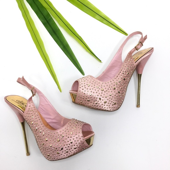 Shoe Dazzle Shoes - Shoe Dazzle | Eloise Pink w/ Gold Rhinestone Heels